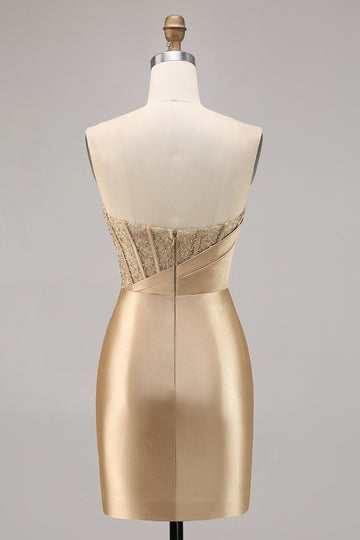 Golden Strapless Corset Satin Homecoming Dress